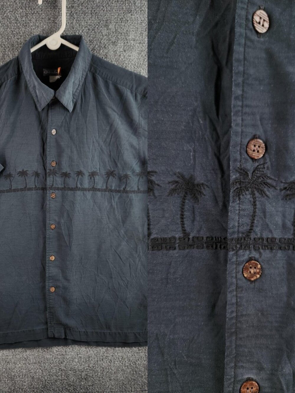 Quicksilver Men Medium Rayon Blend Short Sleeve Navy Blue Button Up Palm Tree